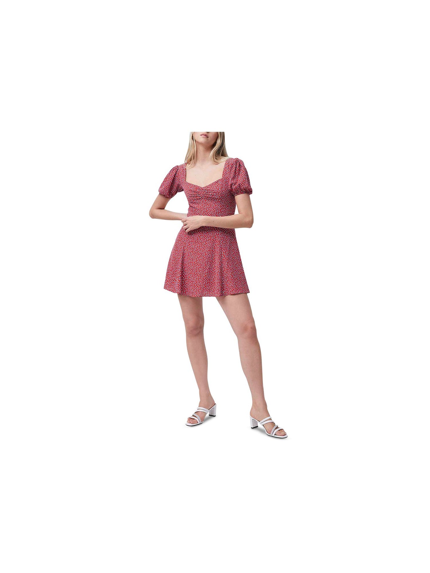 FRENCH CONNECTION Womens Red Zippered Ruched Floral Pouf Sleeve Sweetheart Neckline Mini Party Fit + Flare Dress 0