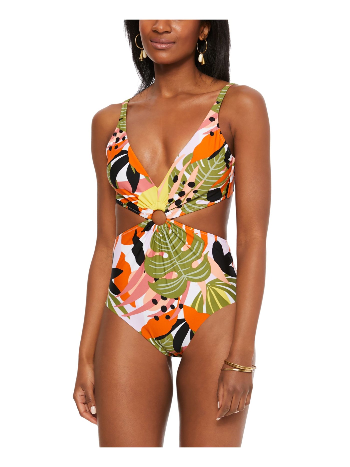 BAR III Women's Orange Printed Removable Cups Deep V Neck Cutout Ring One Piece Swimsuit XS