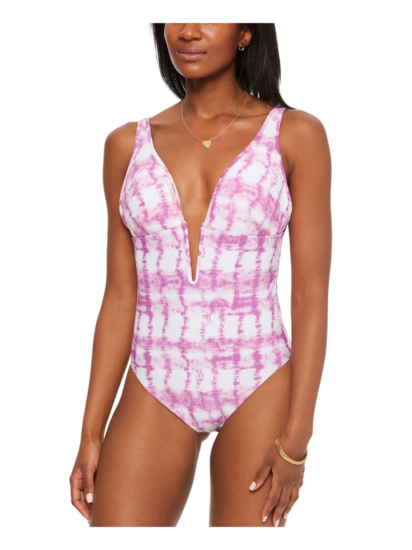 BAR III Women's Purple Stretch Plunging V-Neck Open Back V-Wire Moderate Coverage One Piece Swimsuit L