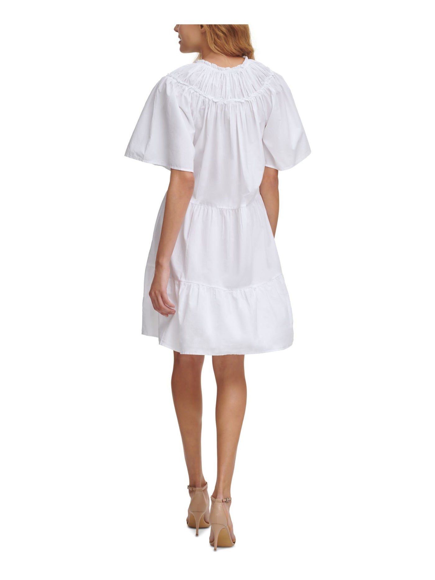 KENSIE DRESSES Womens White Woven Ruffled Pleated Unlined Pullover Elbow Sleeve Tie Neck Above The Knee Party Baby Doll Dress 2