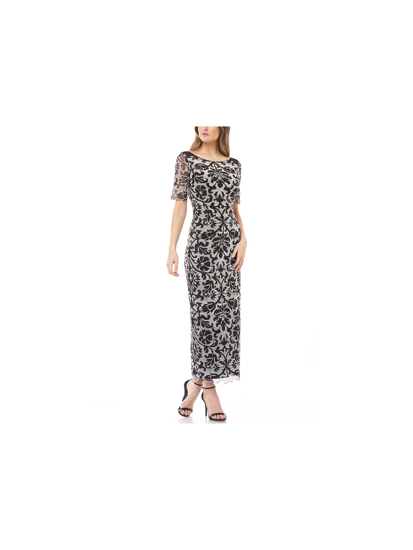 JS COLLECTIONS Womens Black Stretch Embroidered Zippered Mesh Printed Elbow Sleeve Scoop Neck Maxi Formal Gown Dress 4