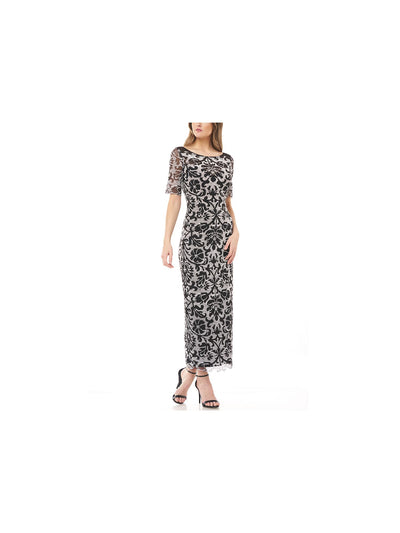 JS COLLECTIONS Womens Black Stretch Embroidered Zippered Mesh Printed Elbow Sleeve Scoop Neck Maxi Formal Gown Dress 4