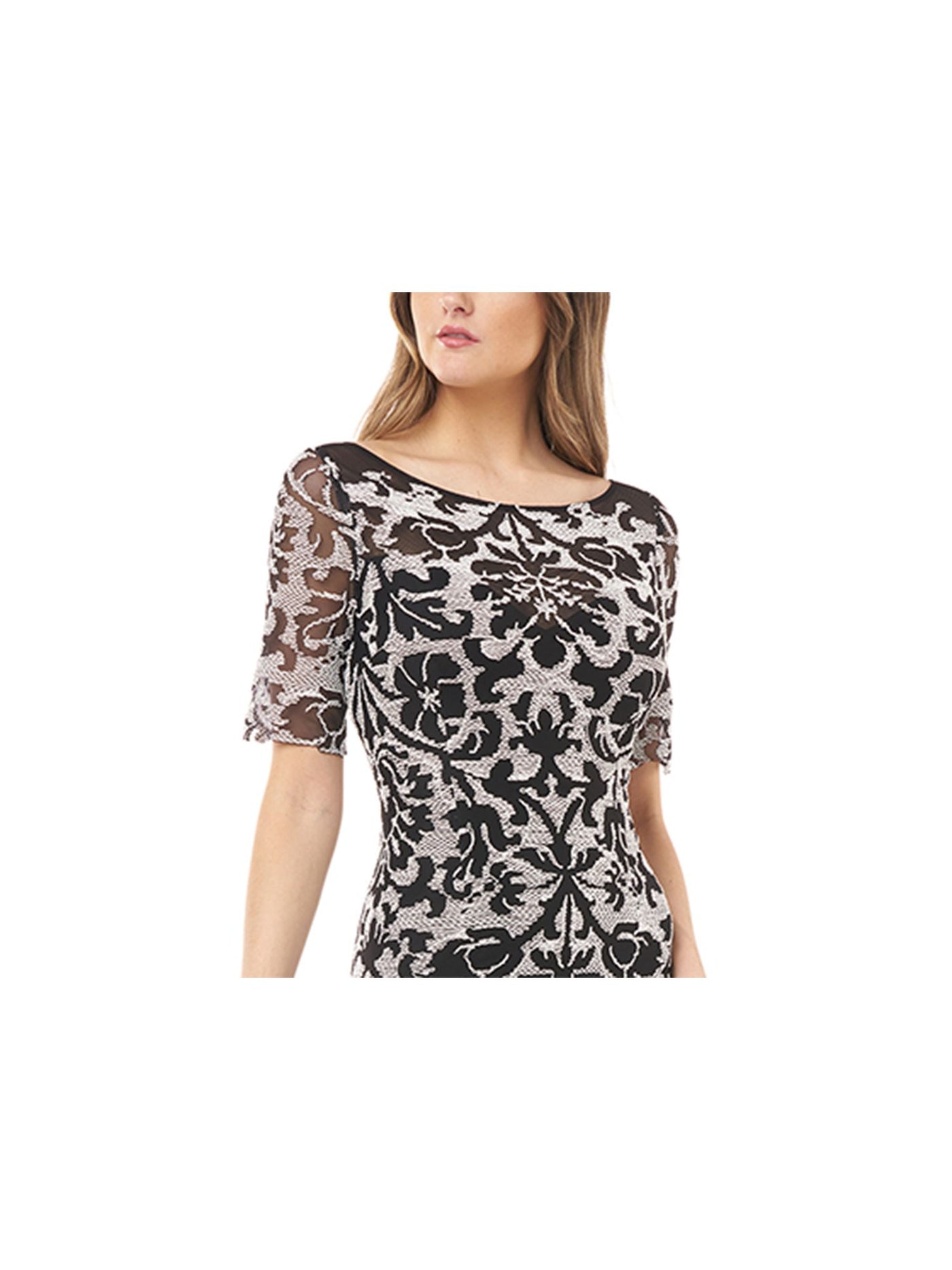 JS COLLECTIONS Womens Black Stretch Embroidered Zippered Mesh Printed Elbow Sleeve Scoop Neck Maxi Formal Gown Dress 4