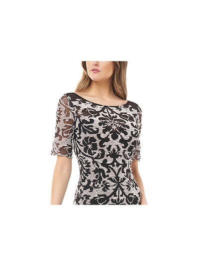 JS COLLECTIONS Womens Black Stretch Embroidered Zippered Mesh Printed Elbow Sleeve Scoop Neck Maxi Formal Gown Dress 4