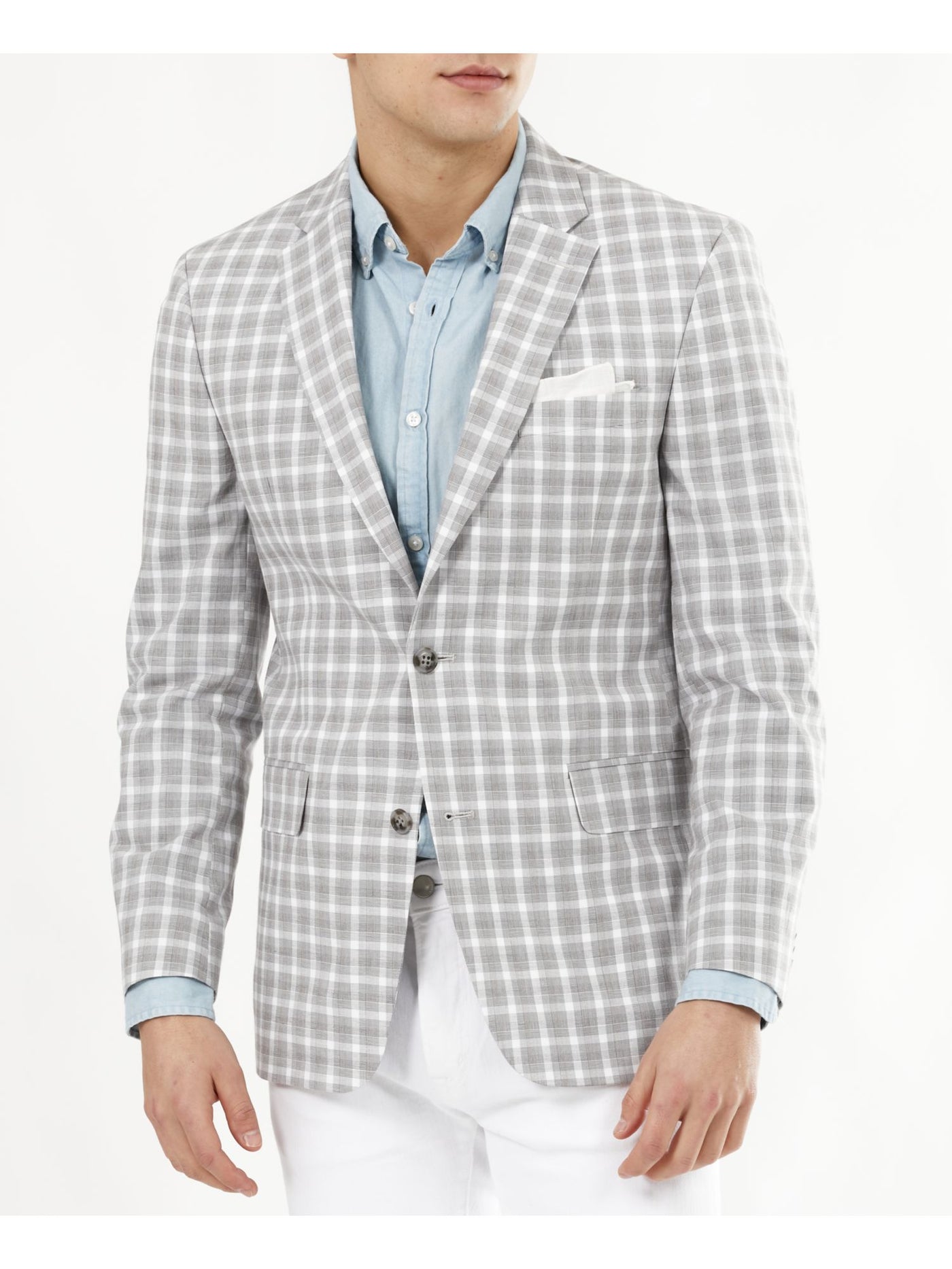 TOMMY HILFIGER Mens Gray Single Breasted, Plaid Cotton Blend Blazer 43 R