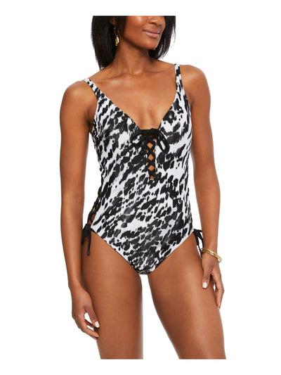 BAR III Women's Black Printed Push-Up Lace-Up Stretch Deep V Neck Adjustable Heat Wave One Piece Swimsuit XS