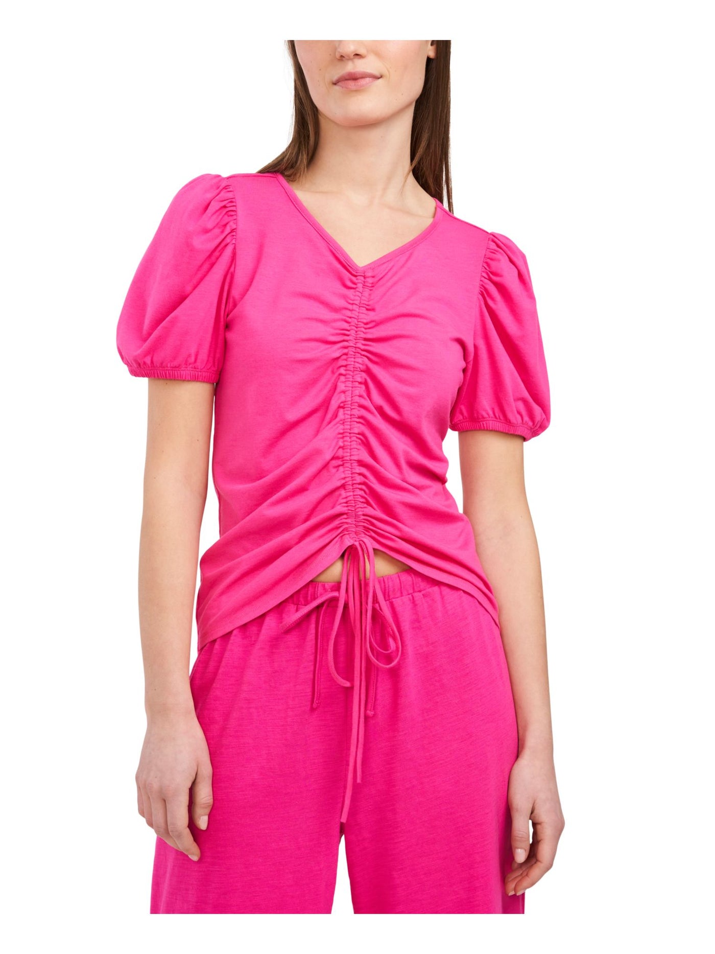 RILEY&RAE Womens Stretch Drawstring Ruched Tie Short Sleeve V Neck Top