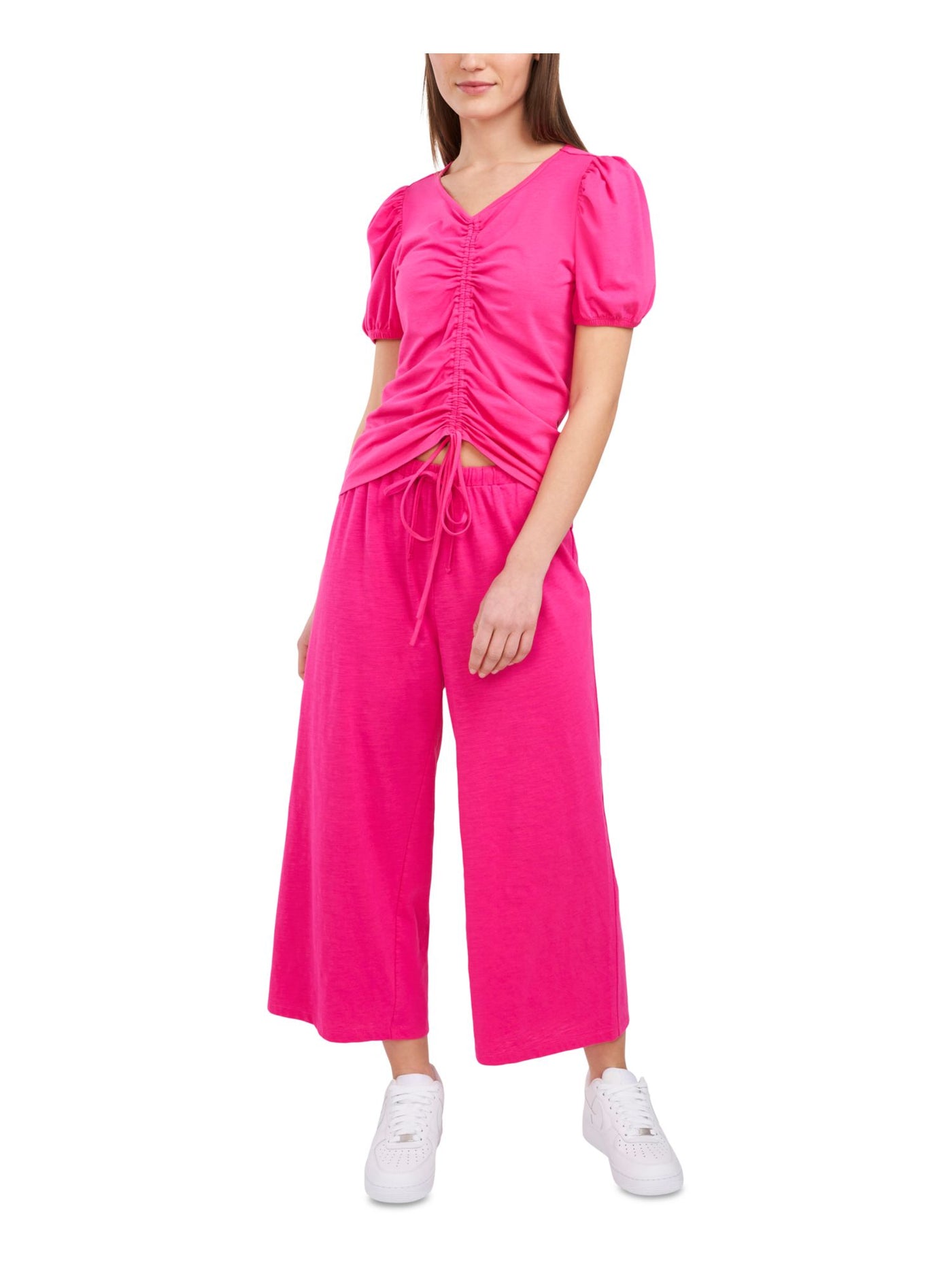 RILEY&RAE Womens Stretch Drawstring Ruched Tie Short Sleeve V Neck Top