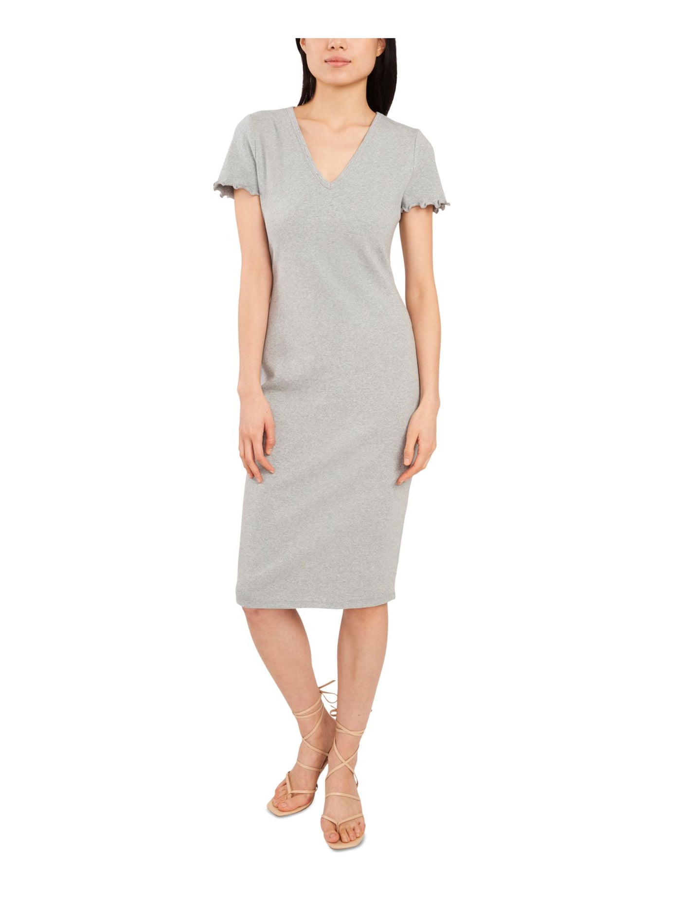 RILEY&RAE Womens Gray Stretch Ribbed Pullover Short Sleeve V Neck Below The Knee Body Con Dress S