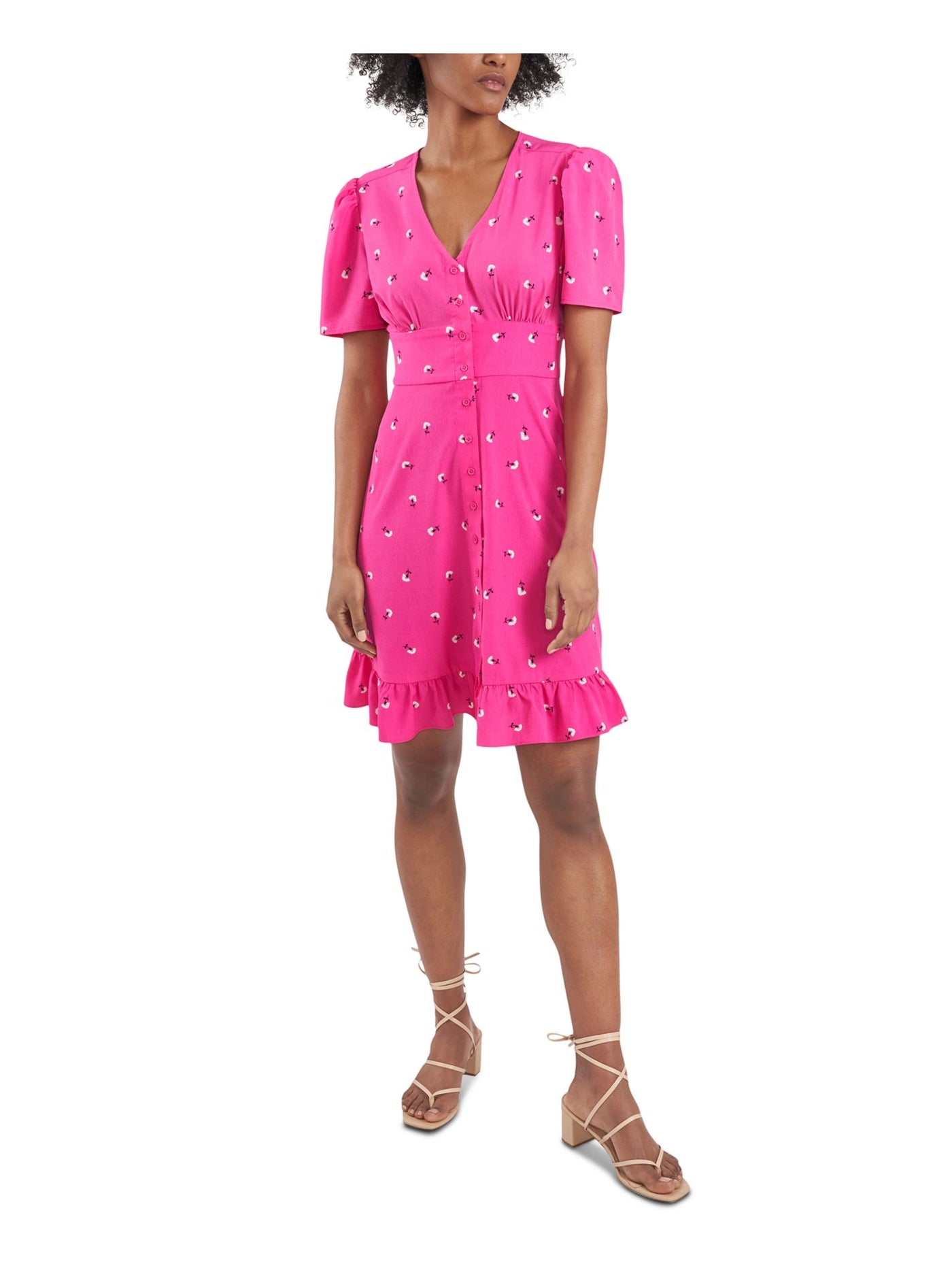 RILEY&RAE Womens Pink Ruffled Button-front Speckle Short Sleeve V Neck Short Fit + Flare Dress 4