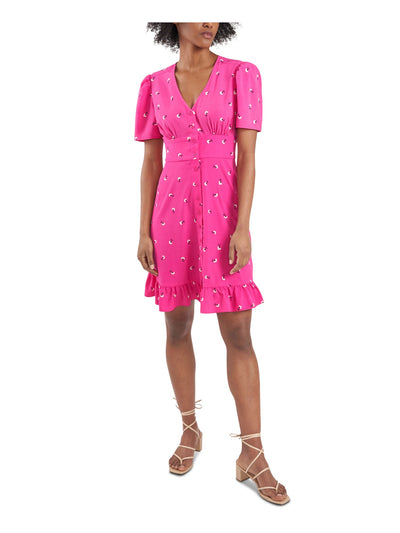 RILEY&RAE Womens Pink Ruffled Button-front Speckle Short Sleeve V Neck Short Fit + Flare Dress 4