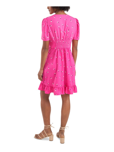 RILEY&RAE Womens Pink Ruffled Button-front Speckle Short Sleeve V Neck Short Fit + Flare Dress 4