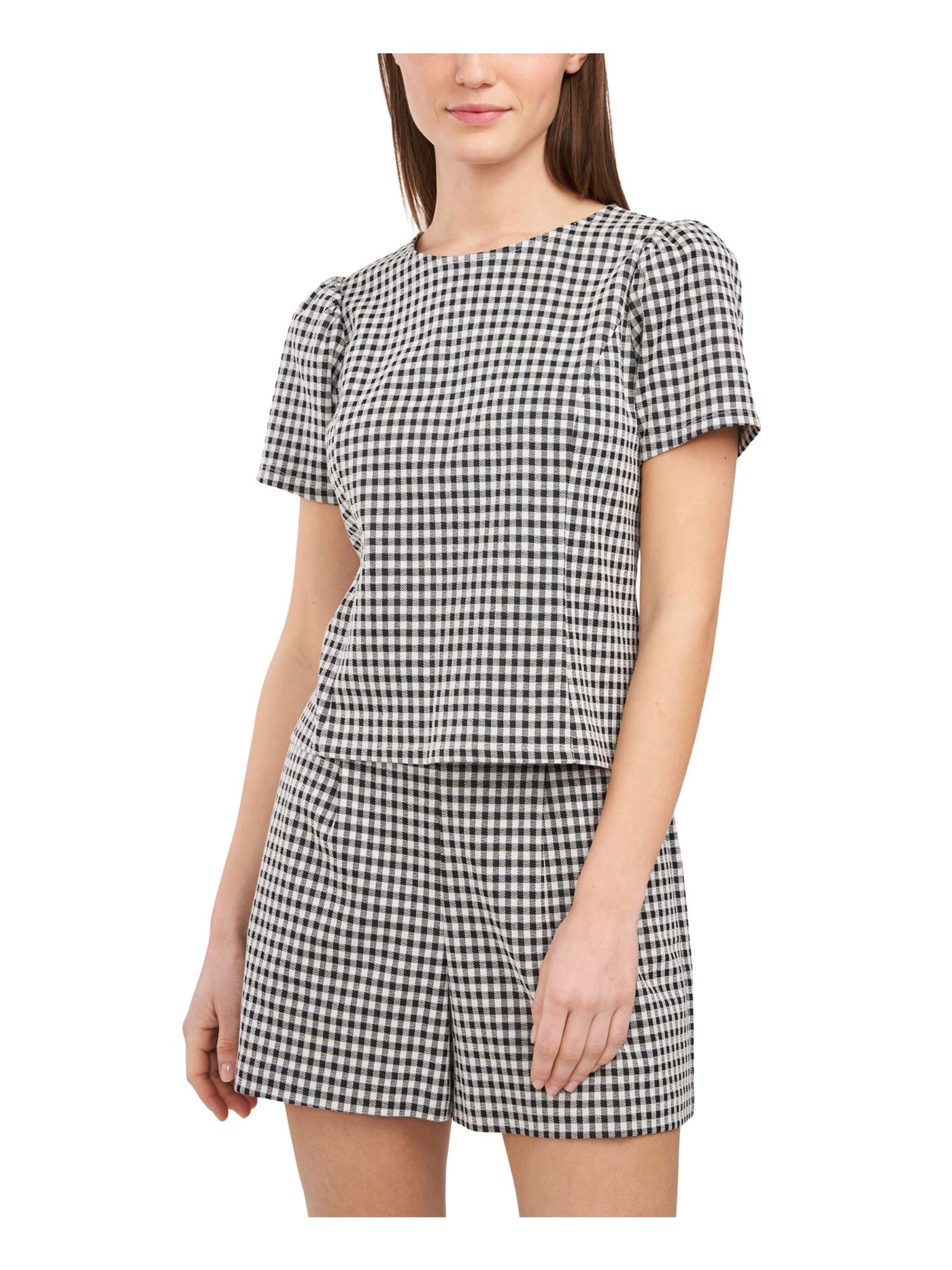 RILEY&RAE Womens Black Check Pouf Sleeve Crew Neck Top XS