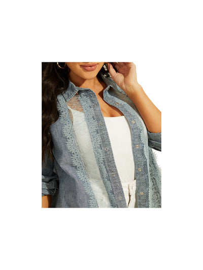 GUESS Womens Lace Cuffed Sleeve Collared Shirttail Hem Tunic Top