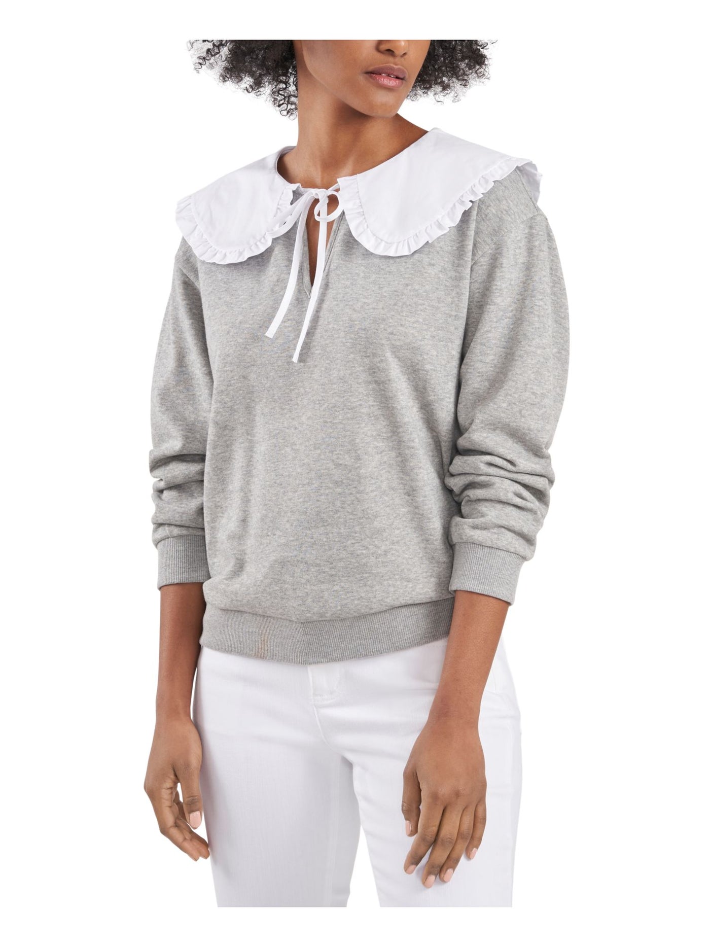 RILEY&RAE Womens Ruffled Ribbed Oversized-collar Keyhole-tie Long Sleeve Split Top