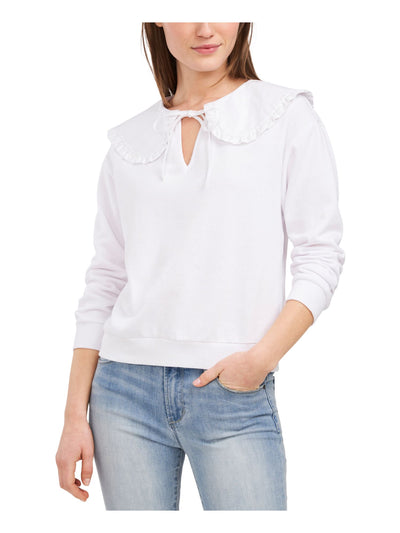 RILEY&RAE Womens White Ruffled Ribbed Oversized-collar Keyhole-tie Long Sleeve Split Top L