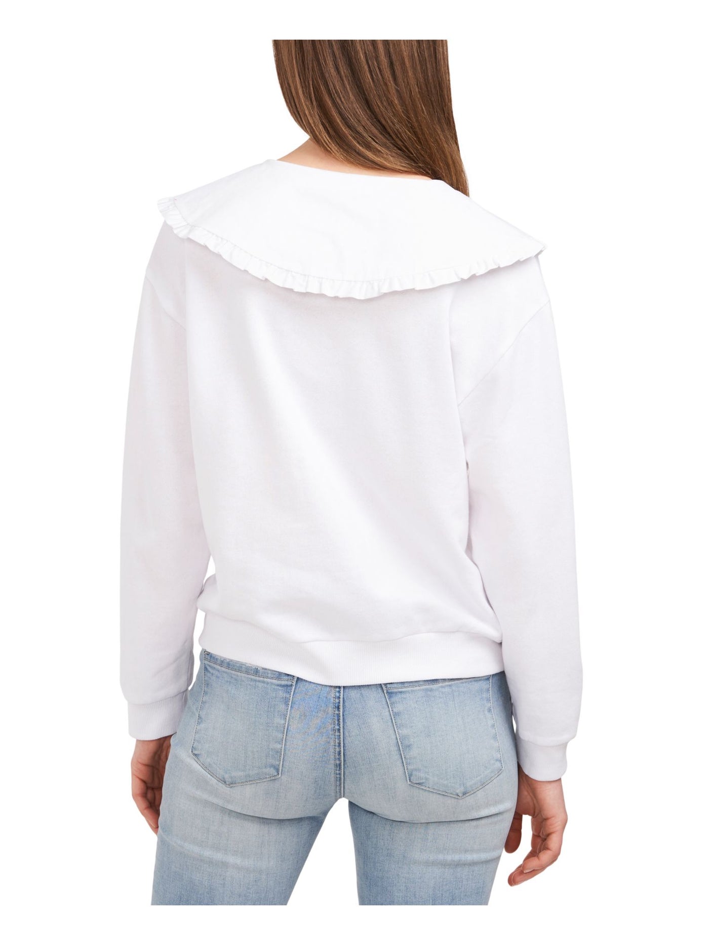 RILEY&RAE Womens White Ruffled Ribbed Oversized-collar Keyhole-tie Long Sleeve Split Top L