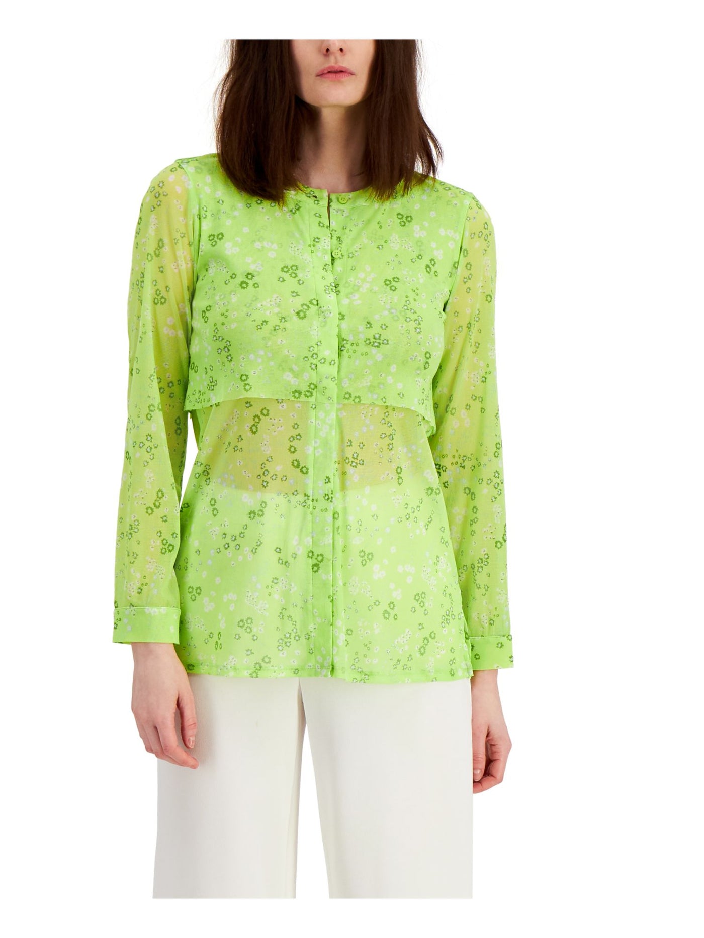 ALFANI Womens Green Sheer Floral Long Sleeve Crew Neck Button Up Top XS