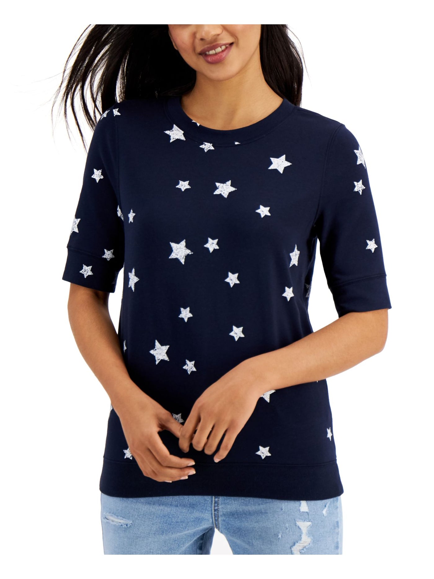 STYLE & COMPANY Womens Navy Stretch Elbow Sleeve Crew Neck Sweatshirt S