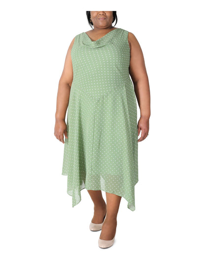 ROBBIE BEE Womens Green Polka Dot Sleeveless Cowl Neck Maxi Fit + Flare Dress Plus 16W