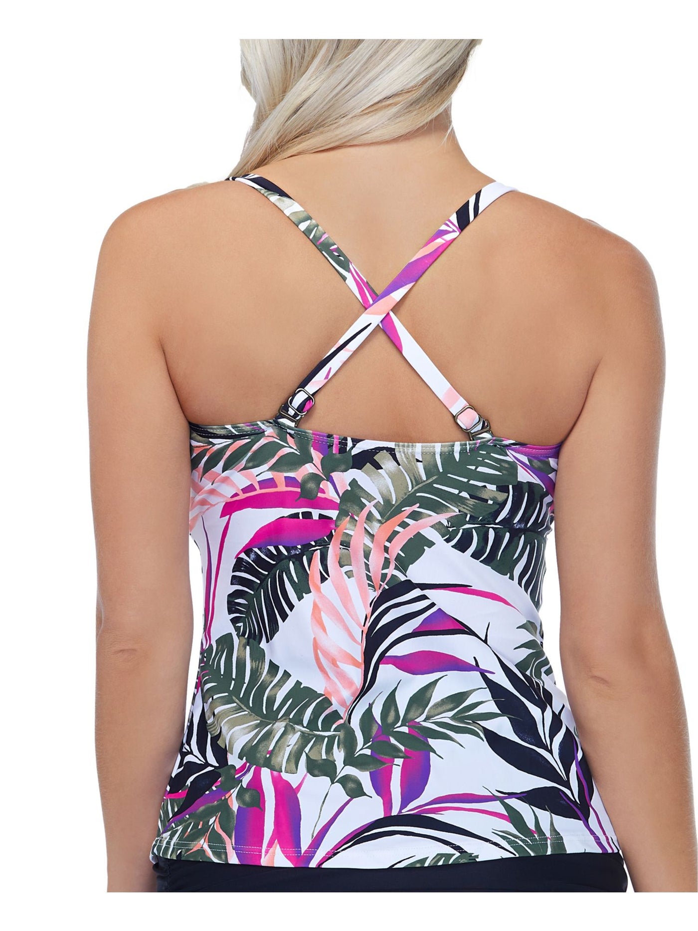 ISLAND ESCAPE Women's White Tropical Print Stretch REMOVABLE CUPS Convertible Sweetheart Neck Aloha Palms Tankini Swimsuit Top 10