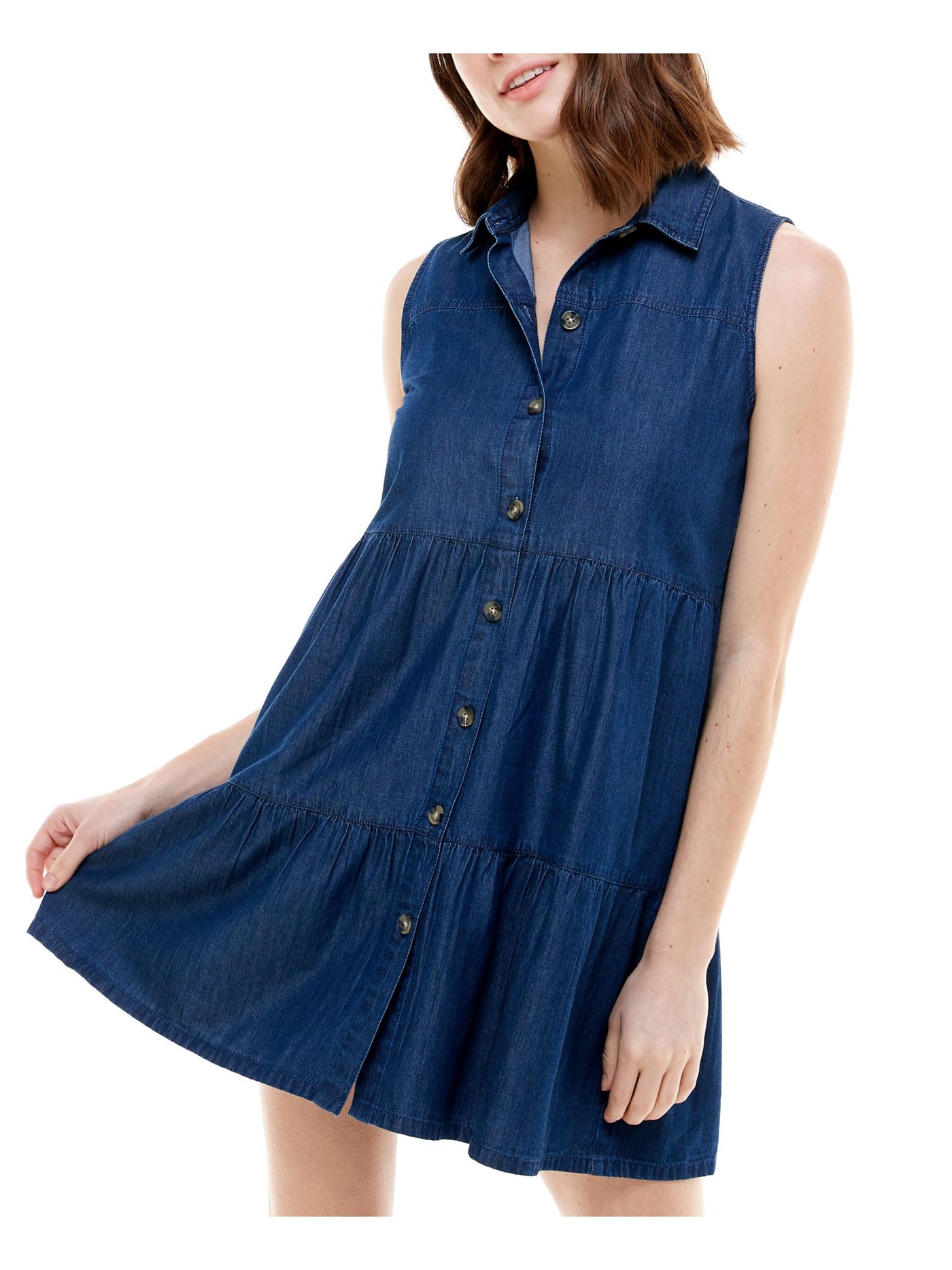 Rosie Harlow Womens Denim Sleeveless Point Collar Short Shift Dress