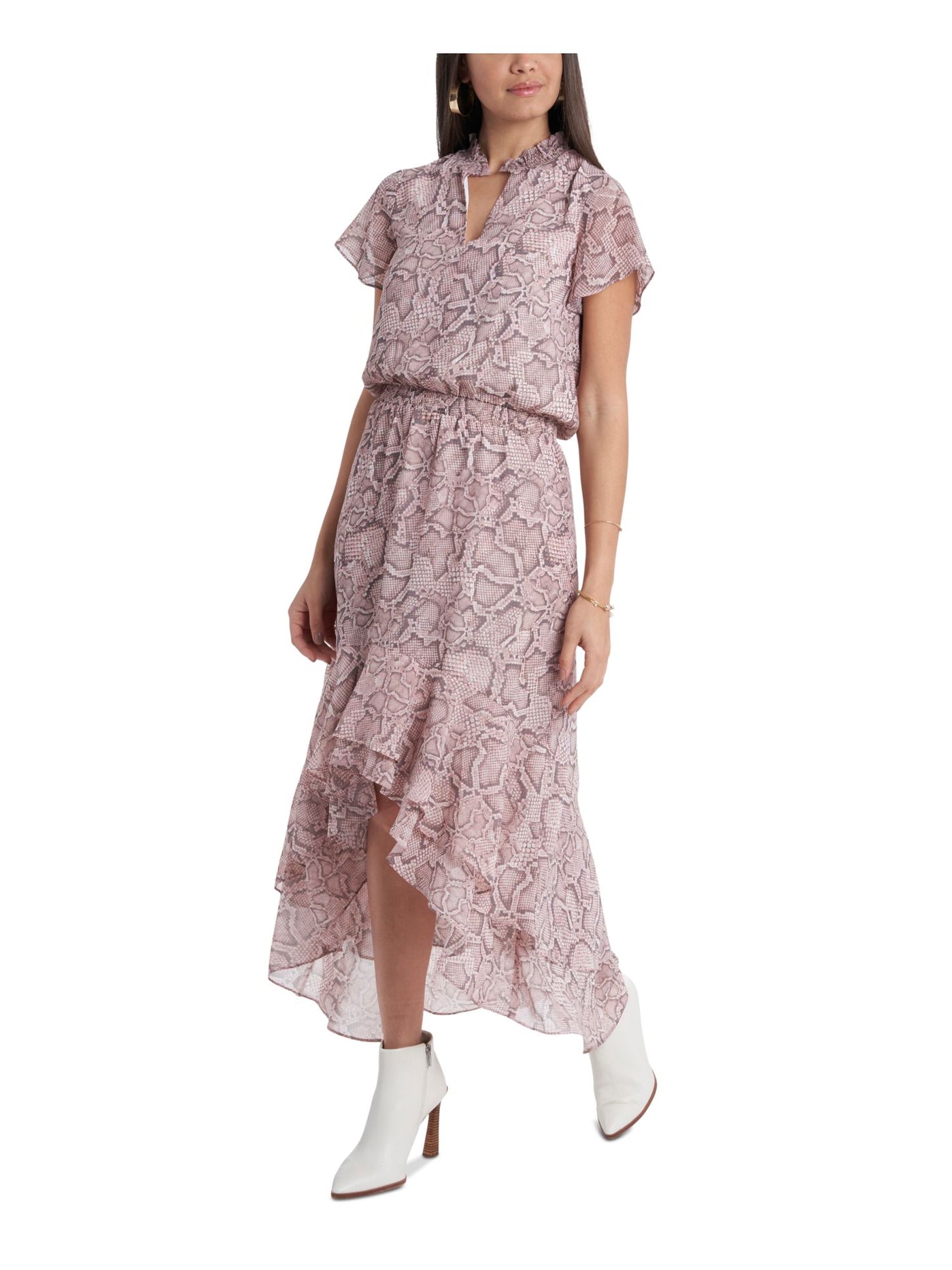1. STATE Womens Pink Ruffled Smocked Tiered Sheer Lined Animal Print Flutter Sleeve Split Maxi Party Hi-Lo Dress XS