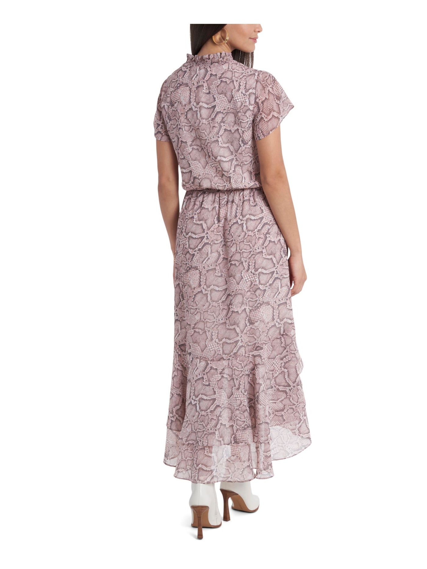 1. STATE Womens Pink Ruffled Smocked Tiered Sheer Lined Animal Print Flutter Sleeve Split Maxi Party Hi-Lo Dress XS