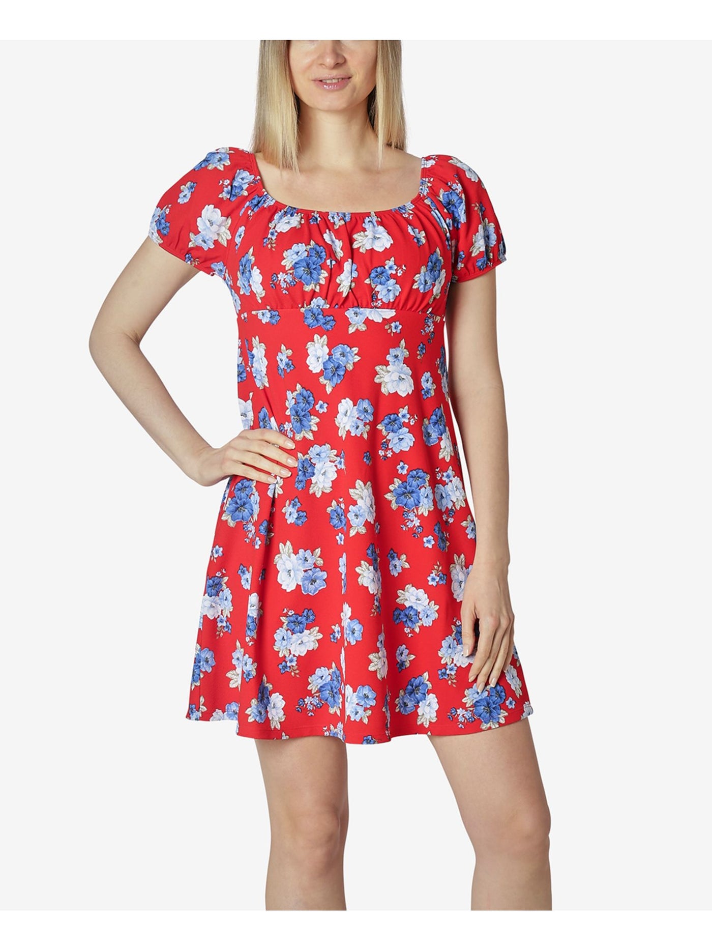 ULTRA FLIRT Womens Red Floral Short Sleeve Scoop Neck Mini Baby Doll Dress XS
