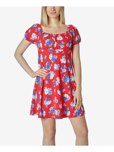 ULTRA FLIRT Womens Red Floral Short Sleeve Scoop Neck Mini Baby Doll Dress XS