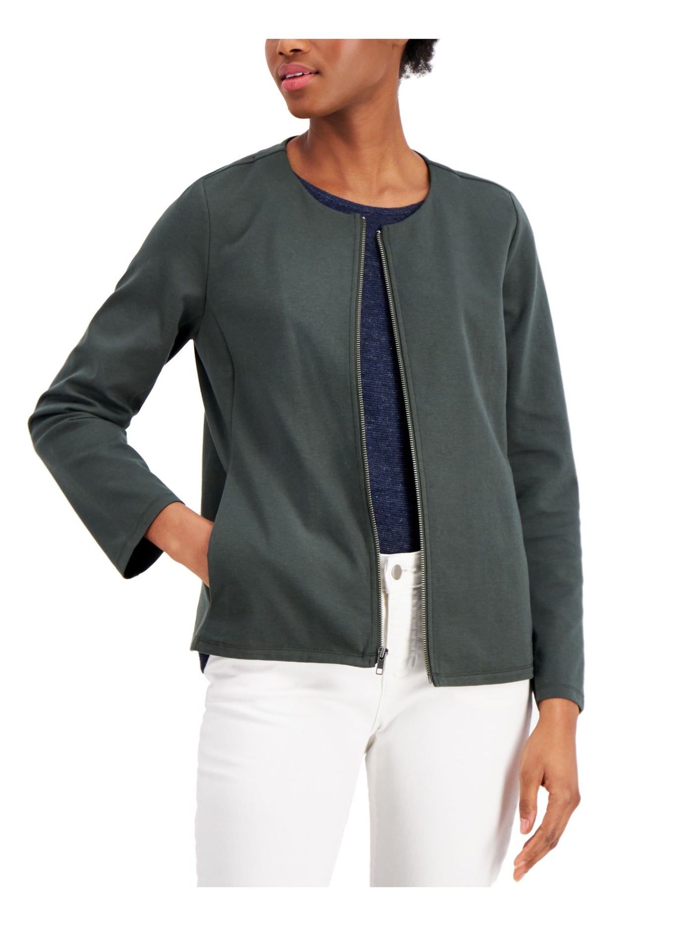 EILEEN FISHER Womens Green Pocketed Cardigan Long Sleeve Jewel Neck Wear To Work Zip Up Jacket Petites PS \ PP