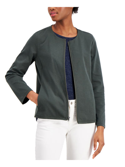 EILEEN FISHER Womens Green Pocketed Long Sleeve Jewel Neck Wear To Work Zip Up Jacket Petites PL