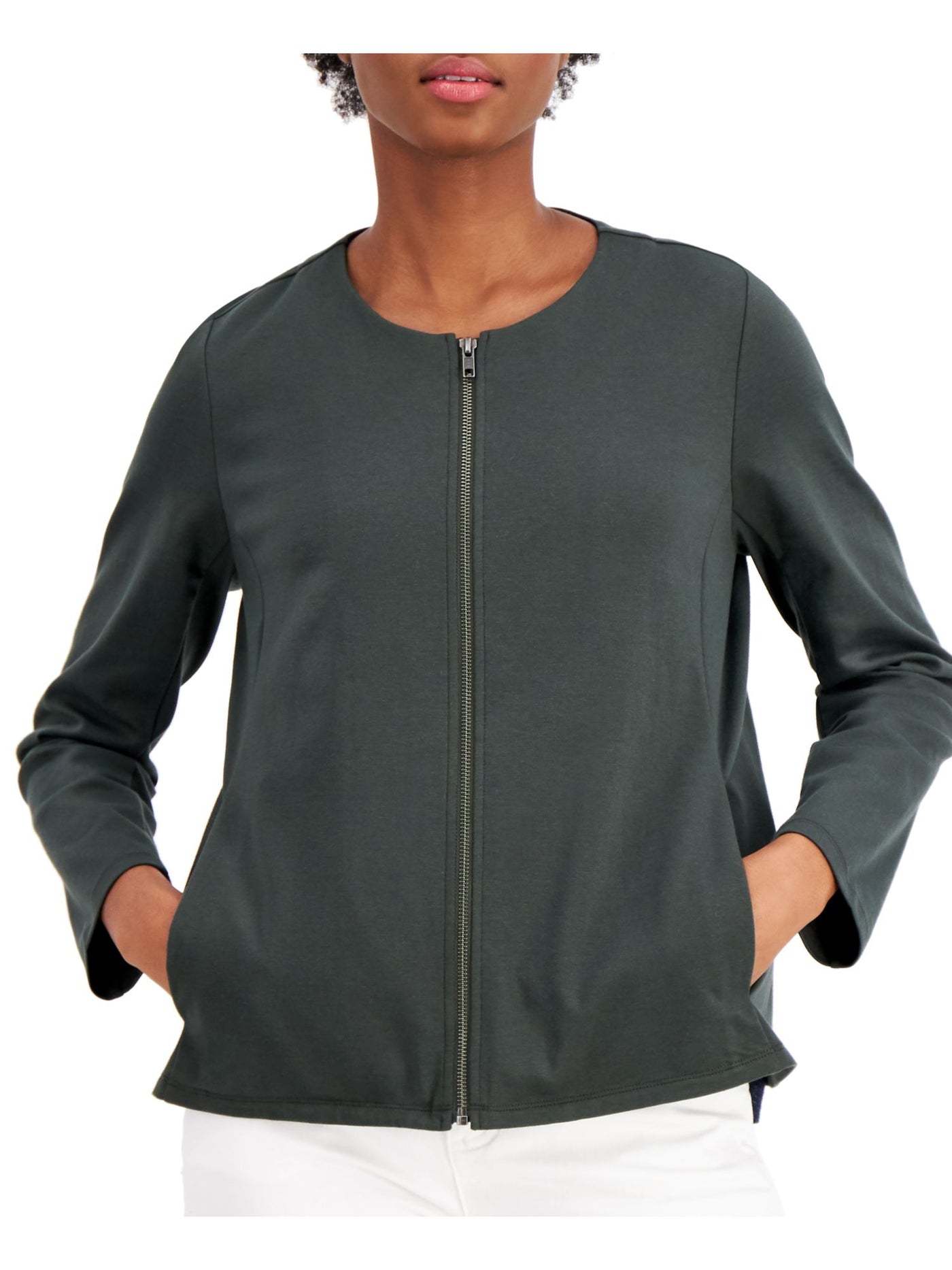 EILEEN FISHER Womens Green Pocketed Cardigan Long Sleeve Jewel Neck Wear To Work Zip Up Jacket Petites PS \ PP