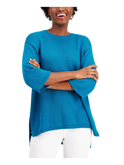 EILEEN FISHER Womens Teal Ribbed Knit Drop-shoulder 3/4 Sleeve Crew Neck Hi-Lo Sweater XS