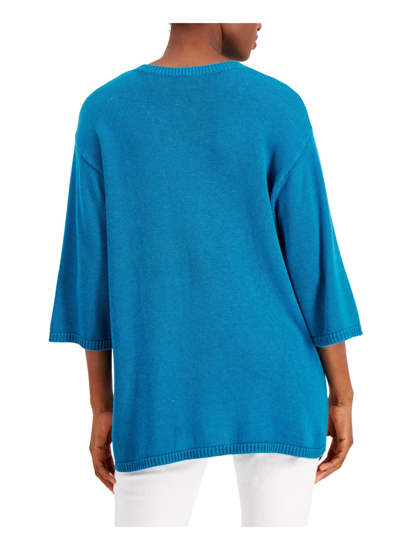 EILEEN FISHER Womens Teal Ribbed Knit Drop-shoulder 3/4 Sleeve Crew Neck Hi-Lo Sweater L