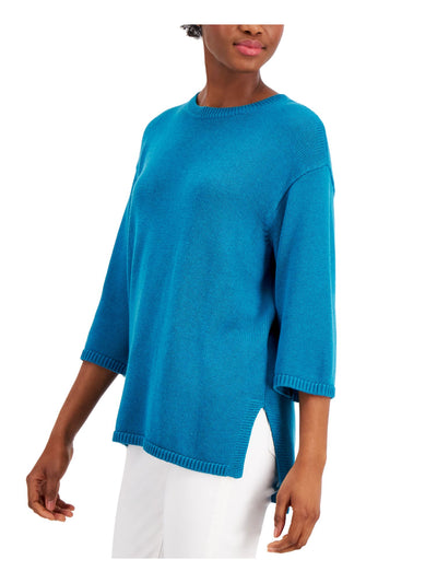 EILEEN FISHER Womens Teal Ribbed Knit Drop-shoulder 3/4 Sleeve Crew Neck Hi-Lo Sweater L