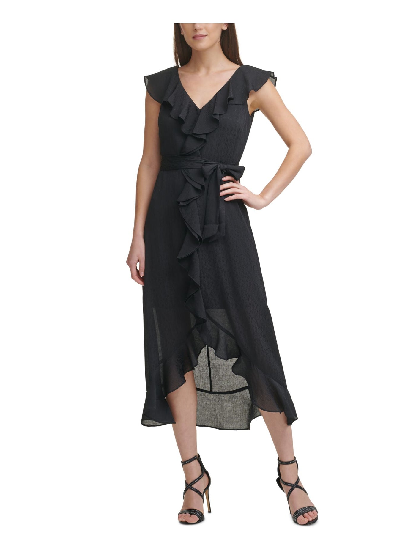 DKNY Womens Ruffled Zippered Self Tie Belt Cap Sleeve V Neck Midi Party Hi-Lo Dress