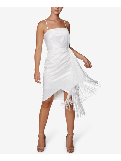 LAUNDRY Womens White Fringed Zippered Sleeveless Strapless Above The Knee Party Faux Wrap Dress 4