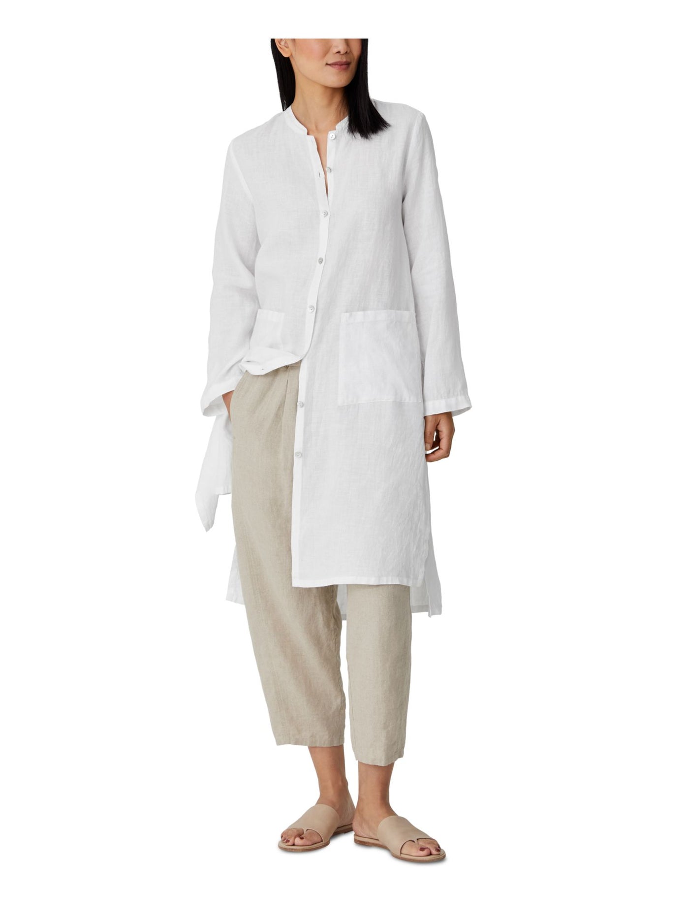 EILEEN FISHER Womens White Textured Pocketed Unlined Kimono Sleeve Mandarin Collar Button Down Jacket S\P