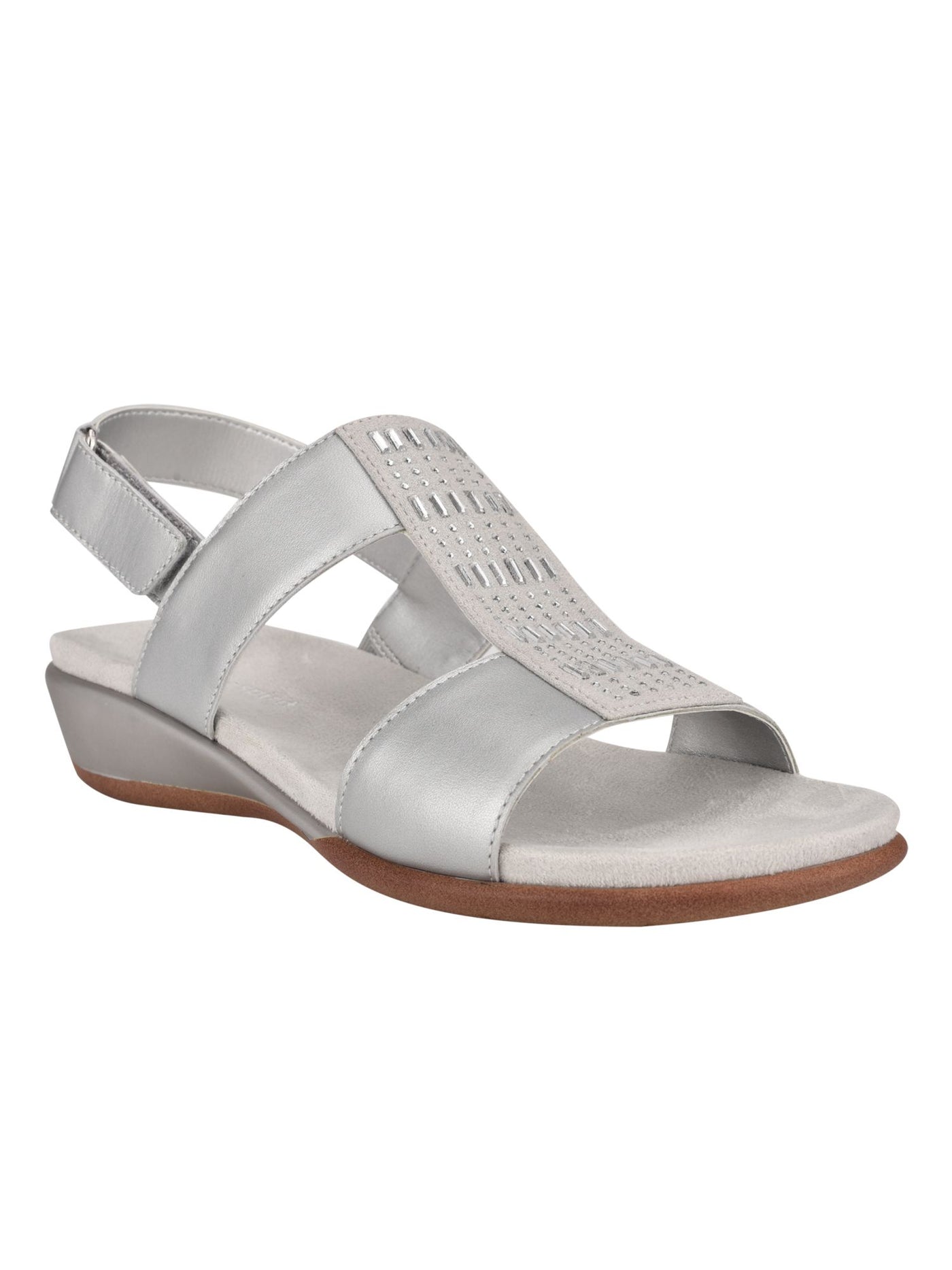 EASY SPIRIT Womens Silver Mixed Media Adjustable Arch Support Goring Comfort Rhinestone Metallic Hazel Round Toe Wedge Leather Slingback Sandal 8.5 M