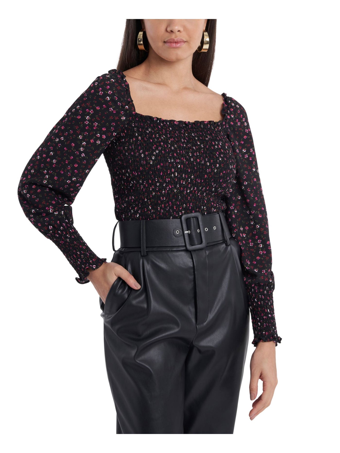 1. STATE Womens Black Stretch Smocked Ruffled Square-back Floral Blouson Sleeve Square Neck Blouse XXS