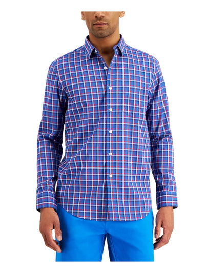 CLUBROOM Mens Blue Plaid Classic Fit Button Down Stretch Casual Shirt M