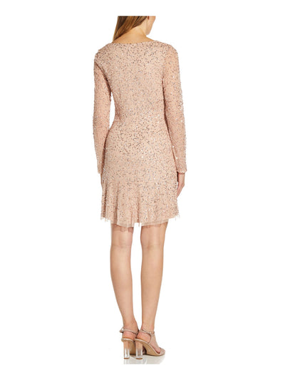 ADRIANNA PAPELL Womens Beige Stretch Beaded Sequined Long Sleeve V Neck Short Cocktail Fit + Flare Dress 2