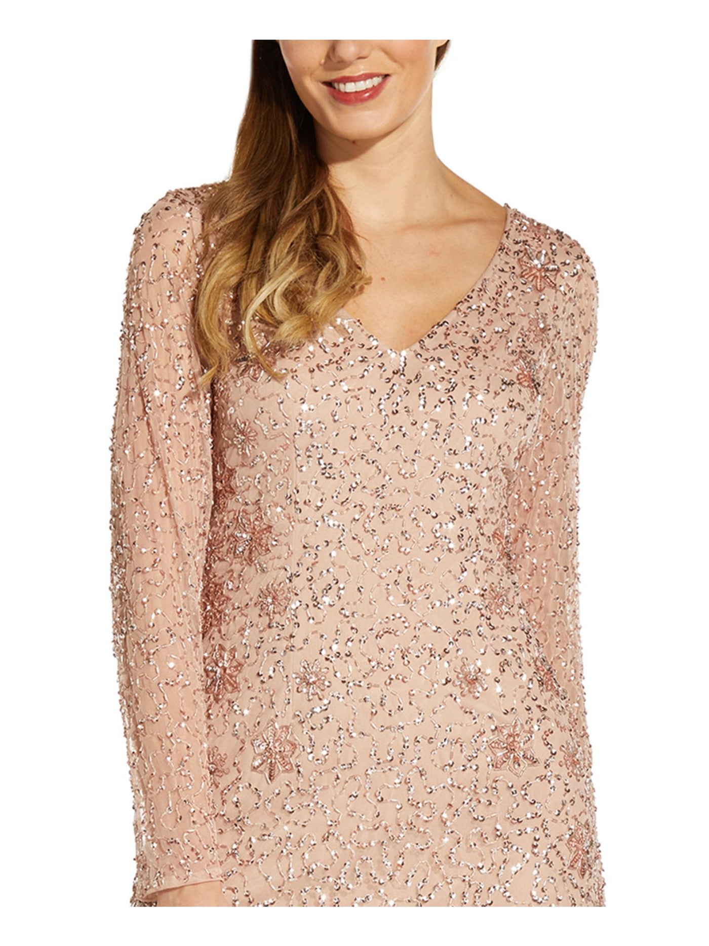 ADRIANNA PAPELL Womens Pink Stretch Beaded Sequined Long Sleeve V Neck Short Cocktail Fit + Flare Dress 4