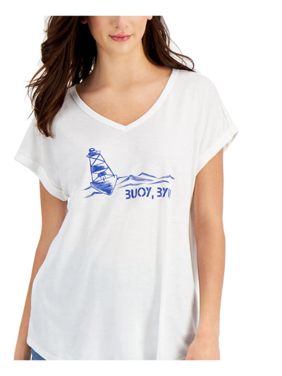 STYLE & COMPANY Womens White Graphic Short Sleeve V Neck T-Shirt Plus 2X