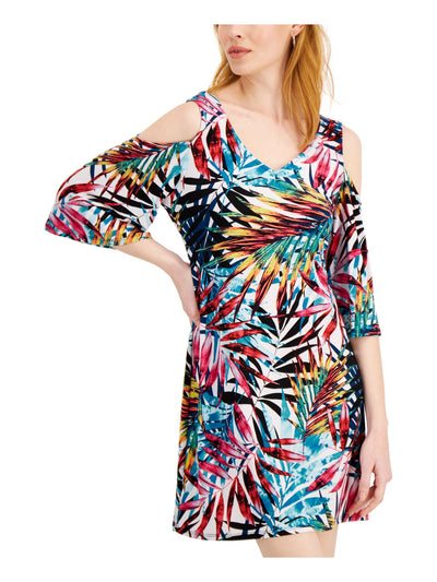 CONNECTED APPAREL Womens Stretch Cold Shoulder Elbow Sleeve V Neck Above The Knee Party A-Line Dress