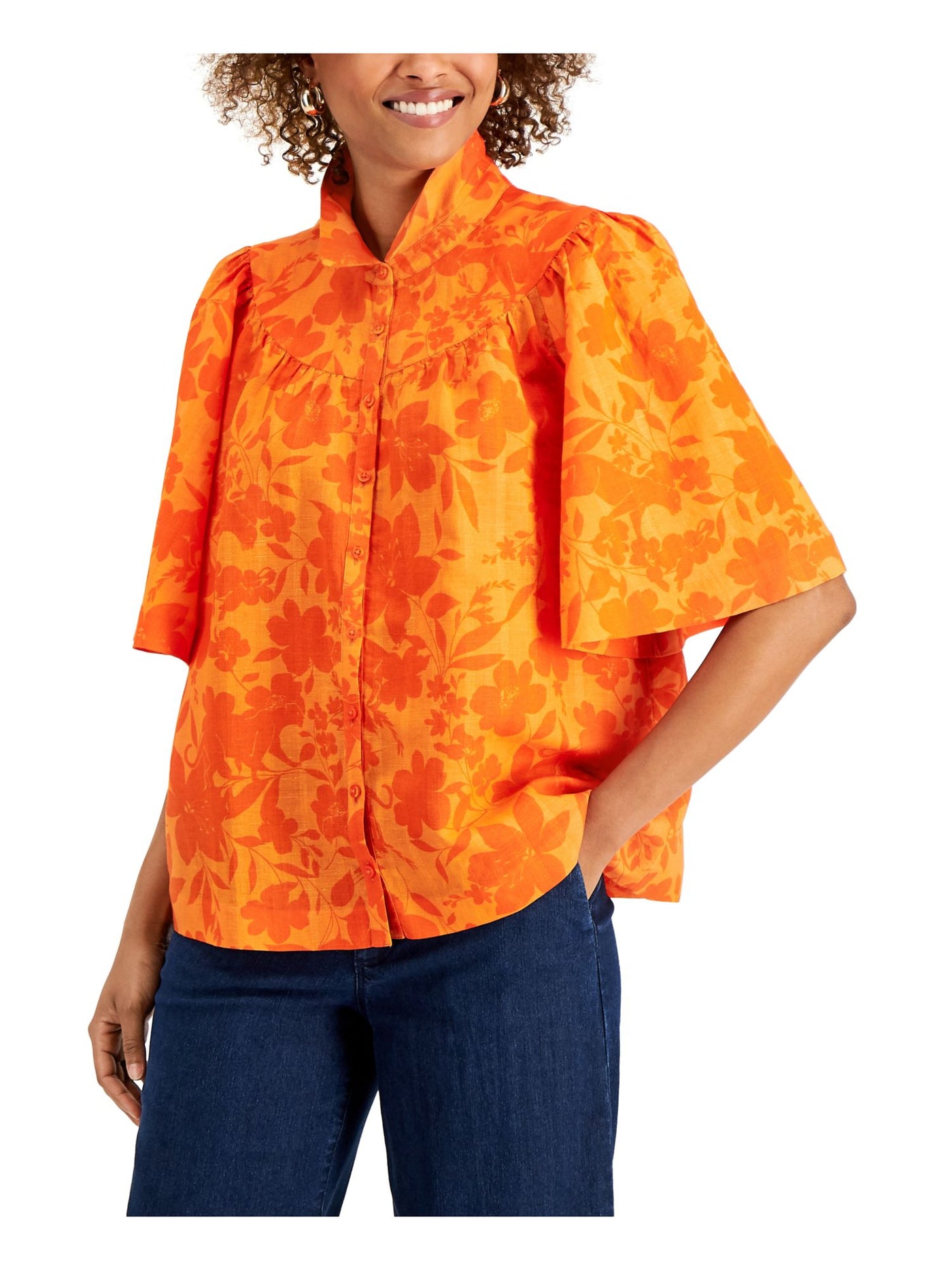 CHARTER CLUB LUXURY Womens Orange Pleated Floral Elbow Sleeve Collared Button Up Top Petites PL