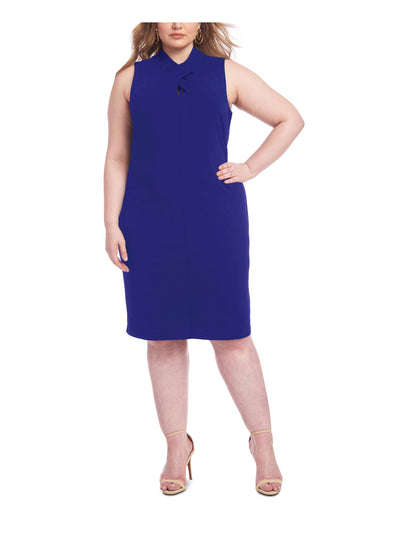 RACHEL RACHEL ROY Womens Blue Zippered Twisted Keyhole Sleeveless Turtle Neck Knee Length Party Sheath Dress Plus 22W