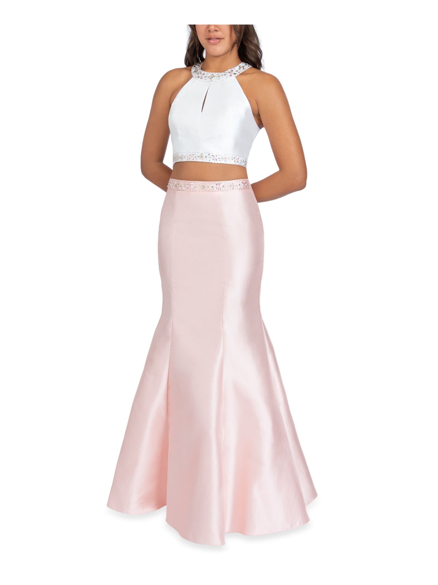 B DARLIN Womens Pink Sleeveless Halter Full-Length Prom Mermaid Dress Juniors 3\4