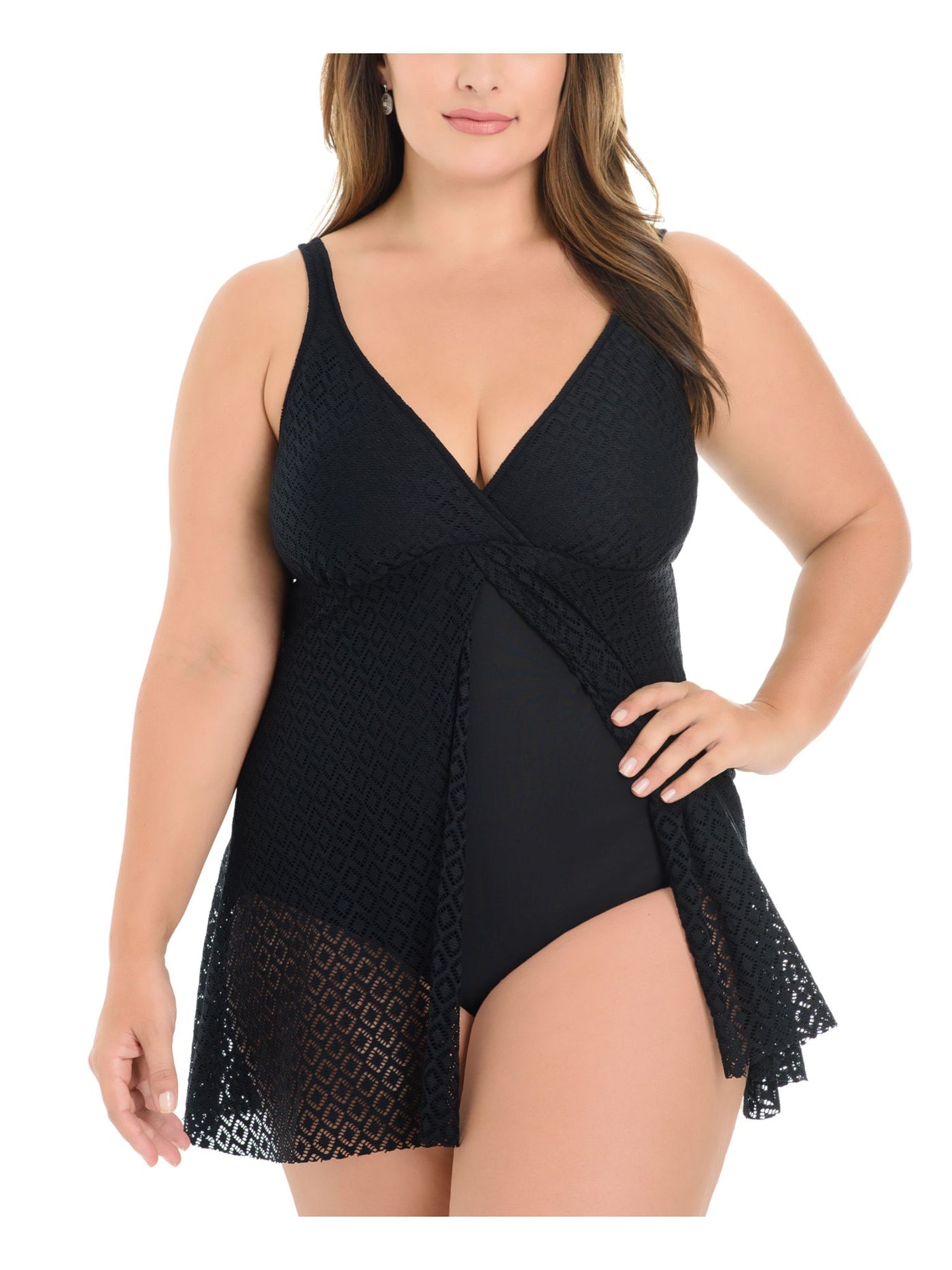 SWIM SOLUTIONS Women's Black Stretch Allover Slimming Crochet Flyaway Adjustable Deep V Neck Full Coverage Swimdress 24W